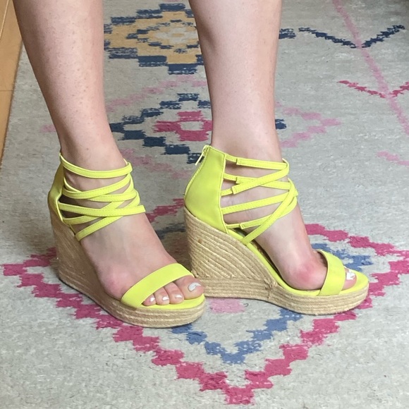 Charlotte Russe Shoes - Neon yellow strappy rope sandal wedges